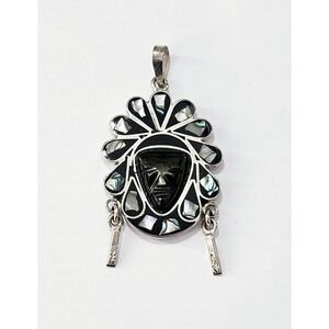 Vintage 925 Silver Mayan Golden Obsidian & Abalone Necklace Pendant